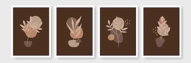 Botanische muur kunst vector set. earth tone boho gebladerte lijntekeningen tekenen met abstracte vorm. abstract plant art-ontwerp voor print, omslag, behang, minimale en natuurlijke muurkunst