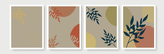 Botanische muur kunst vector set. Earth tone boho gebladerte lijntekeningen tekenen met abstracte vorm. Abstract Plant Art-ontwerp voor print, omslag, behang, minimale en natuurlijke muurkunst