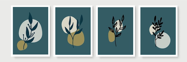 Botanische muur kunst vector set. Earth tone boho gebladerte lijntekeningen tekenen met abstracte vorm. Abstract Plant Art-ontwerp voor print, omslag, behang, minimale en natuurlijke muurkunst