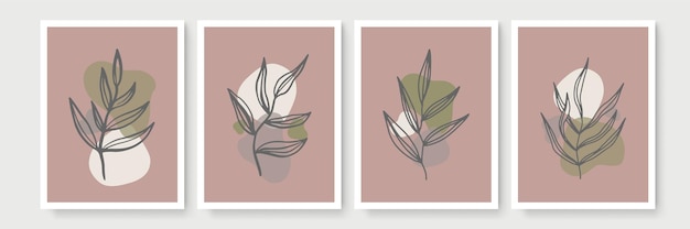 Botanische muur kunst vector set. earth tone boho gebladerte lijntekeningen tekenen met abstracte vorm. abstract plant art-ontwerp voor print, omslag, behang, minimale en natuurlijke muurkunst