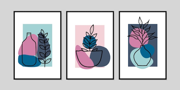 Botanische muur kunst vector set. Gebladerte lijntekeningen tekenen met abstracte shape.design om af te drukken, te bedekken,