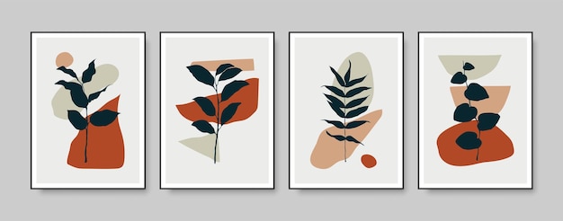 Botanische muur kunst vector set. Gebladertetekening met abstracte vormen. Abstract plant art design om af te drukken, omslag, behang, kunst aan de muur. Vector illustratie.
