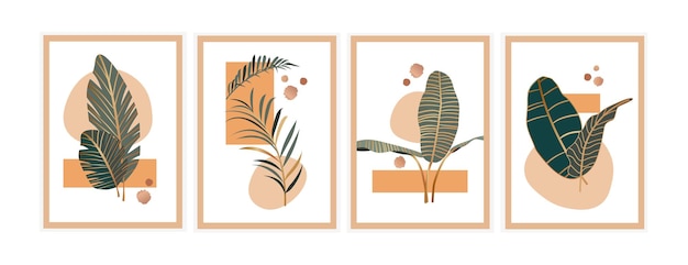 Vector botanische muurkunsten set posters met bladeren gouden aderen geometrische vormen en plekken ontwerpelementen