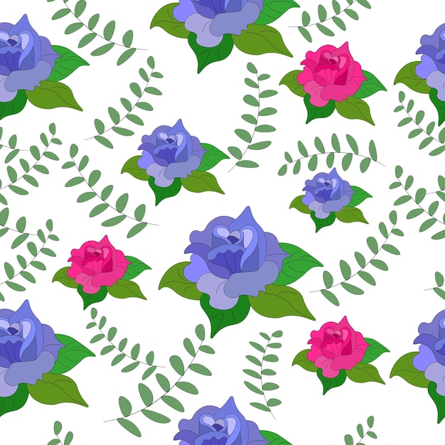 Botanische patroon roze en blauwe bloeiende roos met bladeren takken van groen. bloemen illustratie
