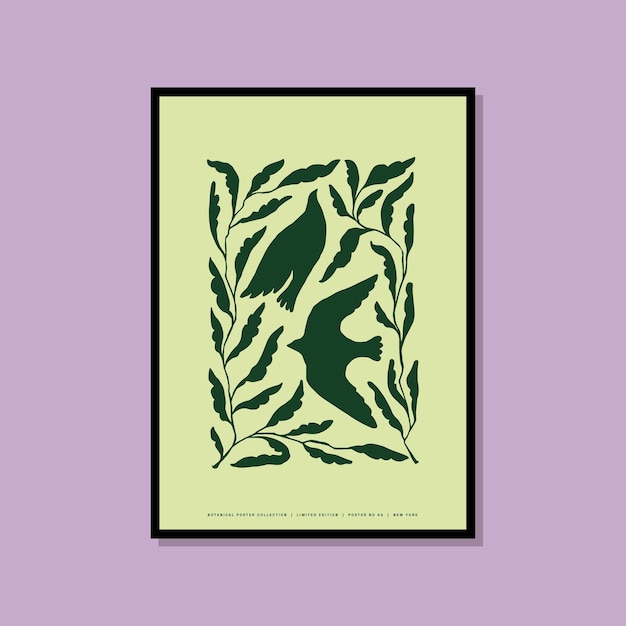 Botanische poster met vogelsillustratie voor kleurrijke kunstcollectie aan de muur