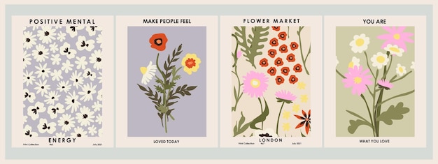 Botanische poster set bloemen en takken. Moderne stijl, pastelkleuren