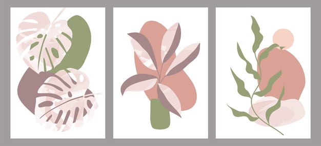 Botanische set abstracte creatieve handgeschilderde illustraties met decoratieve takken en bladeren. kunst aan de muur tekenen met abstracte vorm. voor ansichtkaart, poster, verhaalontwerp voor sociale media.