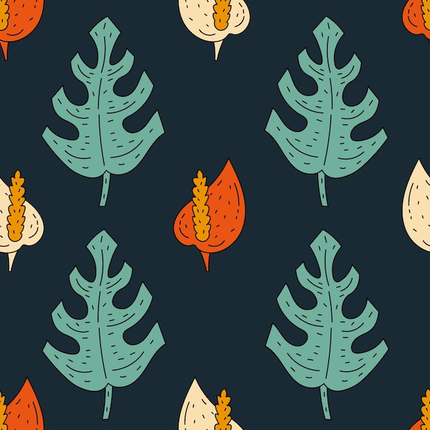 Botany Seamless Pattern with monstera leaf and flowers