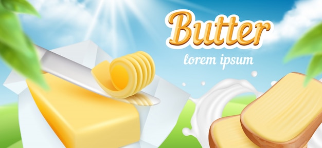 Boter. Advertizing pakket van dagelijks ontbijt eten romige melk boter margarine krullen heerlijk product plakkaat sjabloon