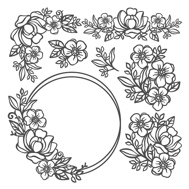 BOTERCUP SET Floral zwart-wit collectie met bloem Ring van boterbloem en Rose kransen en boeketten voor afdrukken Cartoon Cliparts Vector illustratie Set