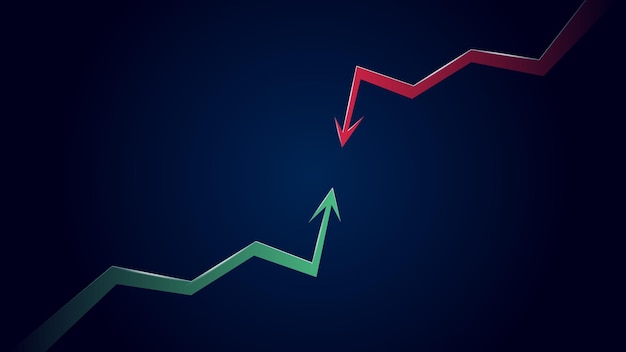 Botsing van bullish trend tegen bearish met groene pijl omhoog en rode pijl omlaag op donkerblauwe achtergrond. vector illustratie.