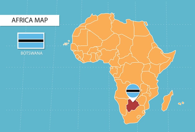 Botswana map in Africa, icons showing Botswana location and flags.