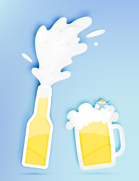 Vector botte and glass of beer with bubble and funny man in paper cut style vector illustration