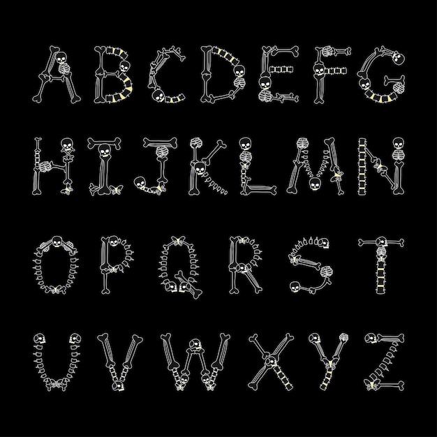 Botten alfabet Botten lettertype Schedel wervelkolom kaak en bekken Hellish eng alfabet Hand getrokken illustratie