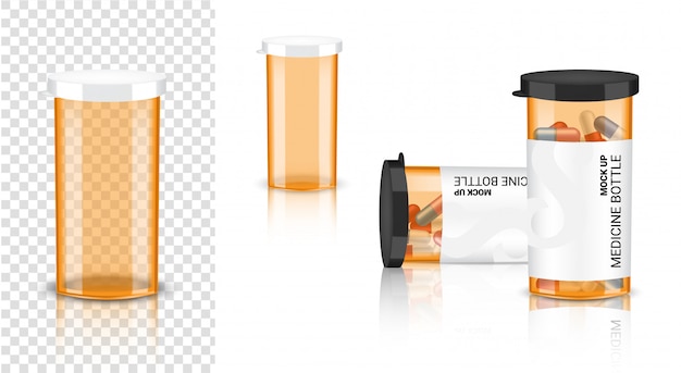 Bottle 3d realistic medicine transparent amber packaging for capsule and vitamin pill. healthy product