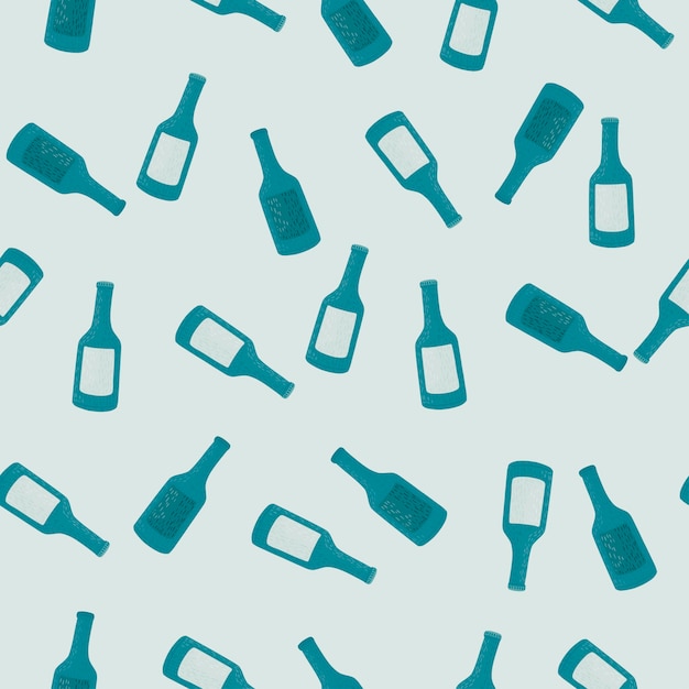 Bottle alcohol seamless pattern. hand drawn background for menu. repeated texture in doodle style for fabric, wrapping paper, wallpaper, tissue. vector illustration.