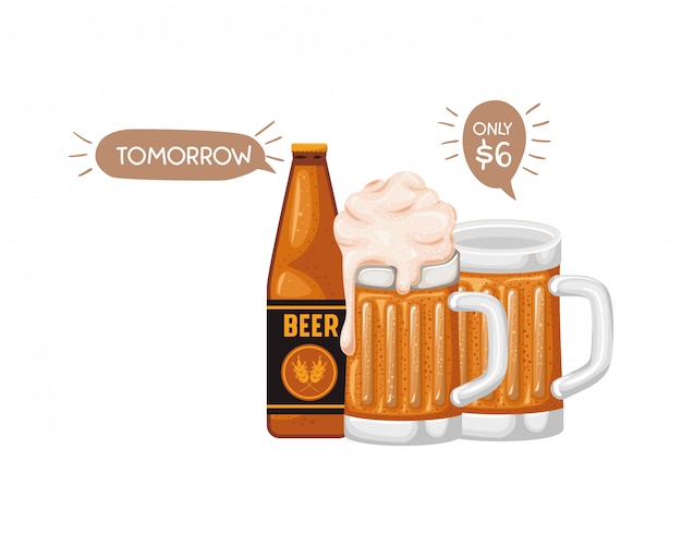 Vector bottle of beer and glass isolated icon