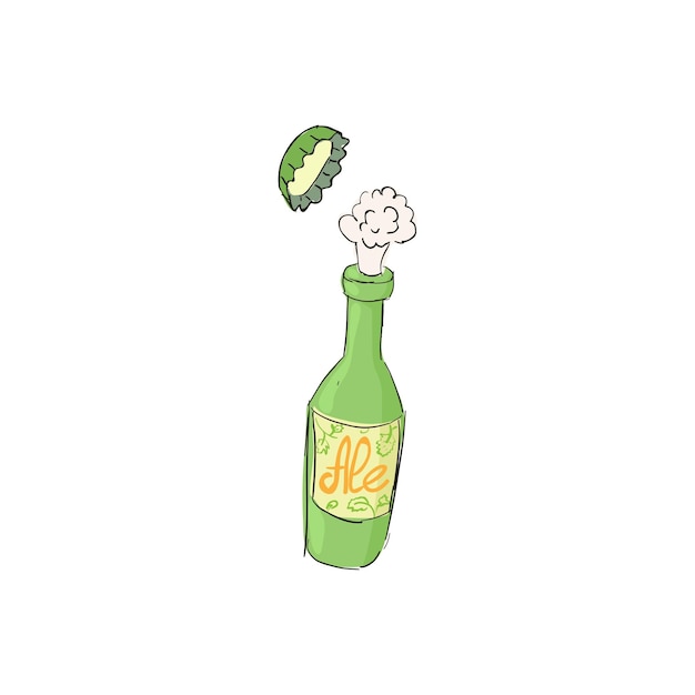 白い背景に隔離されたアニメのスタイルのビールボトルアイコン 皿と飲み物のシンボル