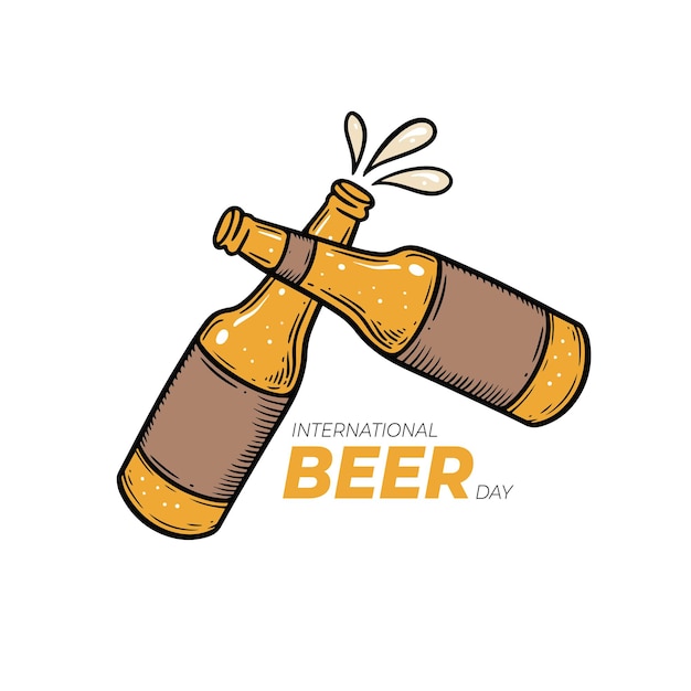 A bottle of beer is flying in the air with the words international beer day on it.