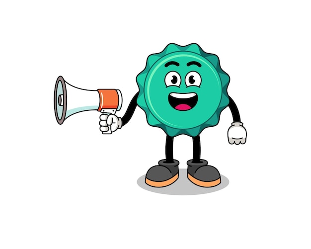 Bottle cap cartoon illustration holding megaphone