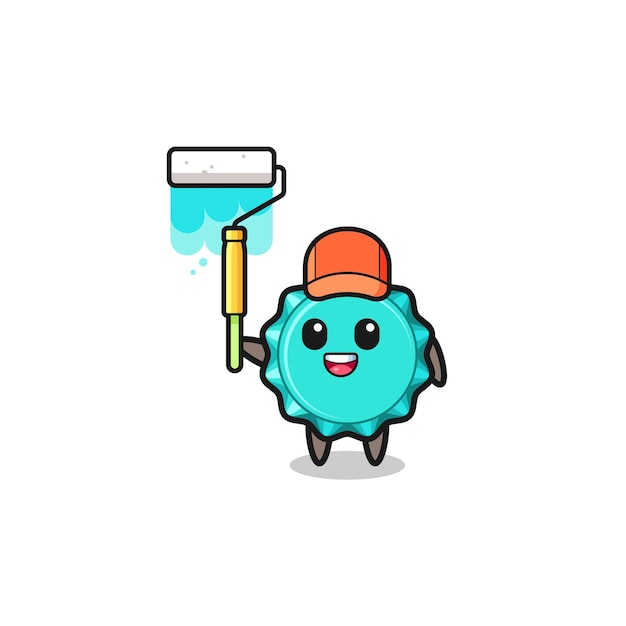 The bottle cap painter mascot with a paint roller , cute design