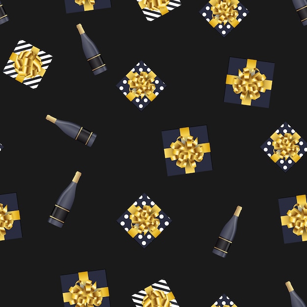 Bottle of champagne and gift box seamless pattern background. 