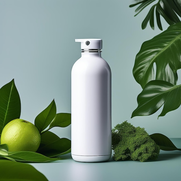 Vector bottle of cosmetic product with leaves and blank white label on green background mockup 3d re