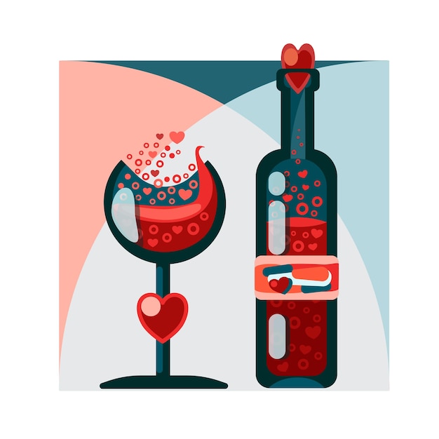 Vector a bottle of dark glass with wine and a glass with splashed wine. valentine's day, wedding, greeting card and any other romantic holiday.