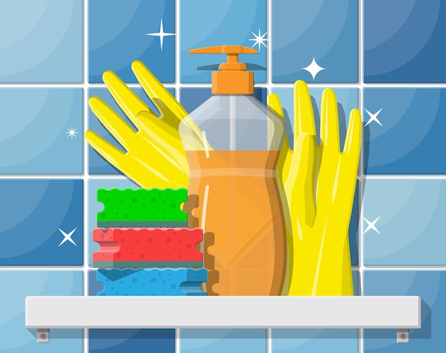 Vector bottle of detergent, sponge and rubber gloves.