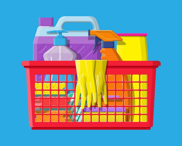 Bottle of detergent sponge soap and rubber gloves