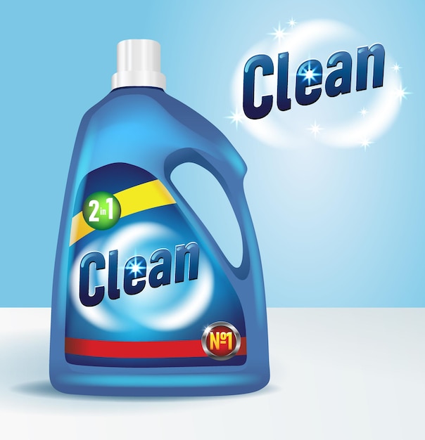 Bottle of detergent with label 3D mockup Cleaning product realistic design Liquid washing supply advertisement vector illustration