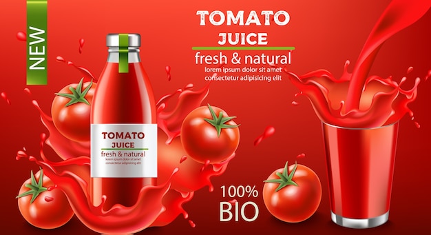 Bottiglia di succo biologico fresco e naturale immerso in un liquido che scorre e pomodori con una tazza di liquido spruzzante. posto per il testo. realistico