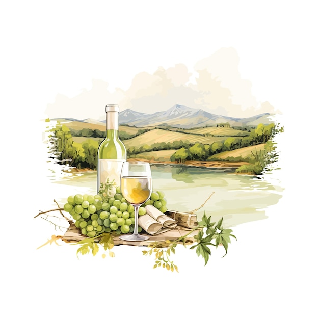 Бутылка и полный стакан белого вина акварель Векторный иллюстрационный дизайн