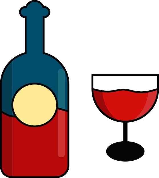 A bottle and glass are blue and red