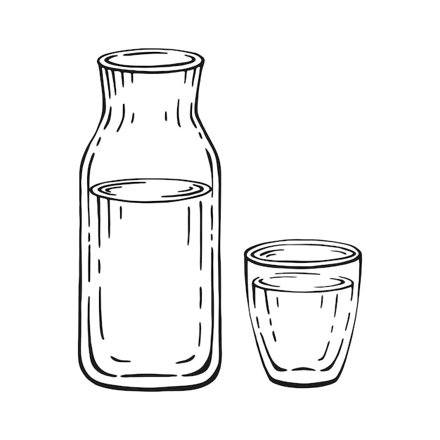 Bottle and glass of milk or water isolated on white background Hand drawn black and white vector illustration