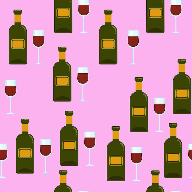Vector bottle and glass of red wine seamless pattern vector background with alcohol print alcoholic drinks