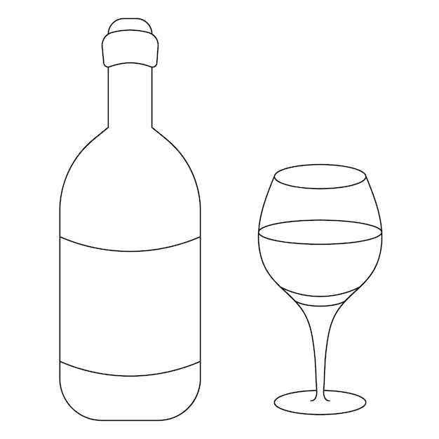 Bottle and glass of wine Sketch A glass container with an alcoholic drink and a crystal wine glass