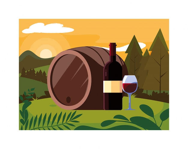 Vector bottle and glass of wine with barrel
