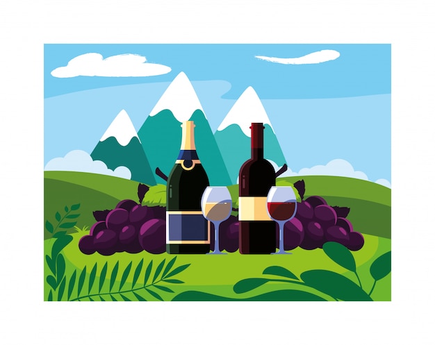 Vector bottle and glass of wine with grapes