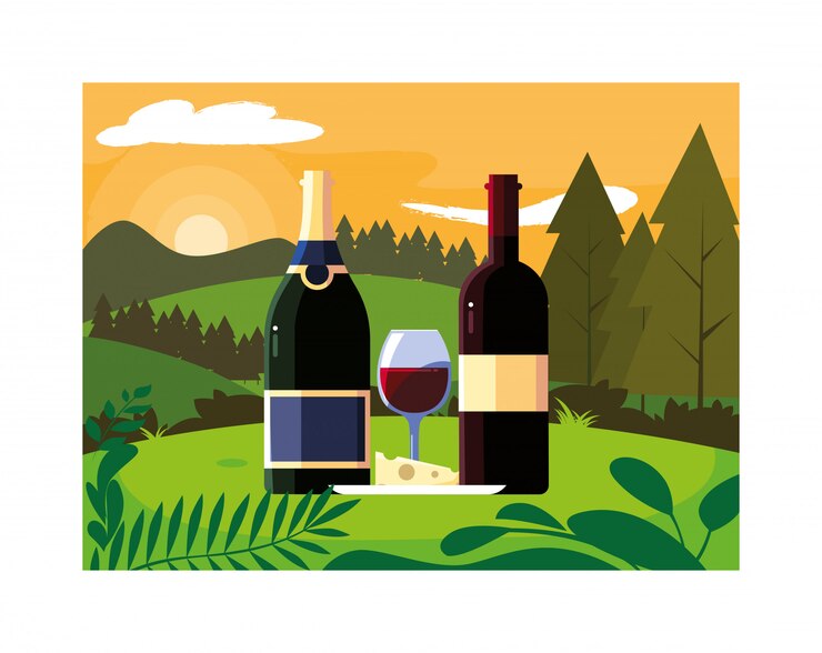 Vector bottle and glass of wine with piece of cheese