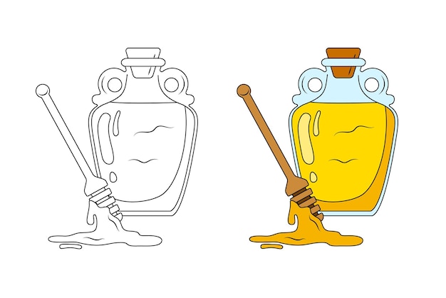 Bottle of honey and honey dipper children's coloring book with a color sample