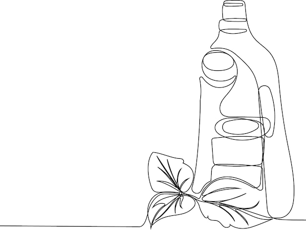 A bottle and leaves are drawn on a white background.