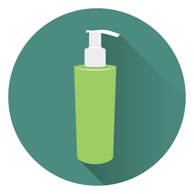 Bottle of liquid soap or body cream. Foam for a bath. On a circular green background with a shadow. Flat style, icon. 10 eps