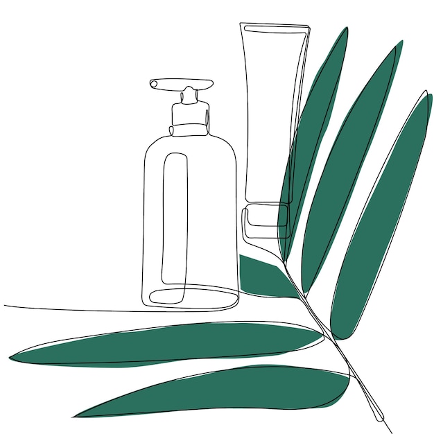 A bottle of lotion sits next to a plant with a green leaf.