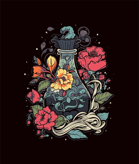 A bottle of magic potion with flowers and leaves.