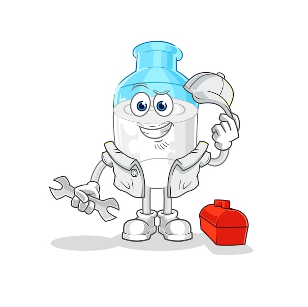 Bottiglia di latte meccanico cartone animato mascotte cartone animato vettore