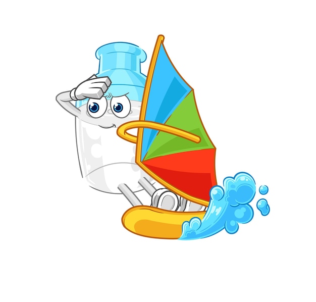 Bottle of milk windsurfing character mascot vector