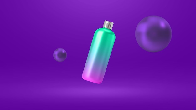 макет бутылки для воды и сока с 3d шариками фиолетовый фон иллюстрации вектор