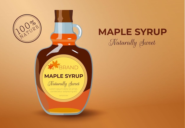 Bottle of natural sweet maple syrup with stacked pancakes with blueberry, strawberry and raspberry on banner. Classic hotel breakfast, brunch healthy start day. Vector illustration.