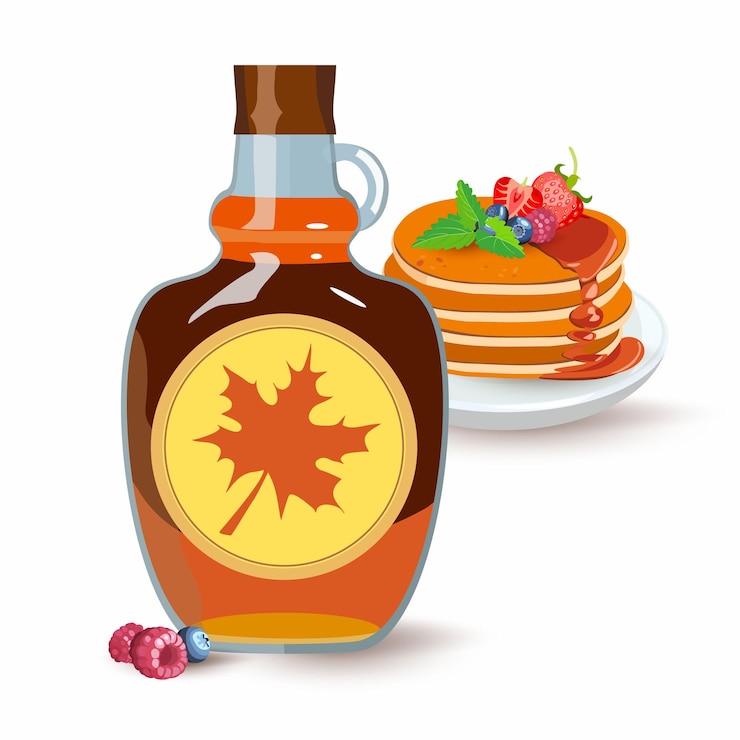 Vector bottle of natural sweet maple syrup with stacked pancakes with blueberry, strawberry and raspberry. classic hotel breakfast, brunch healthy start day options food. vector illustration.